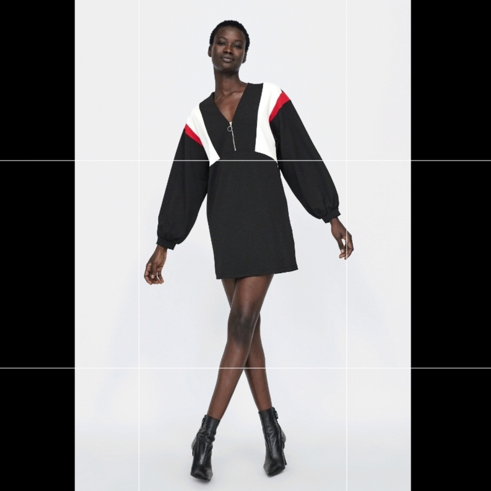Zara Colorblock Shift Drees Long Sleeve Black Red White Size Small